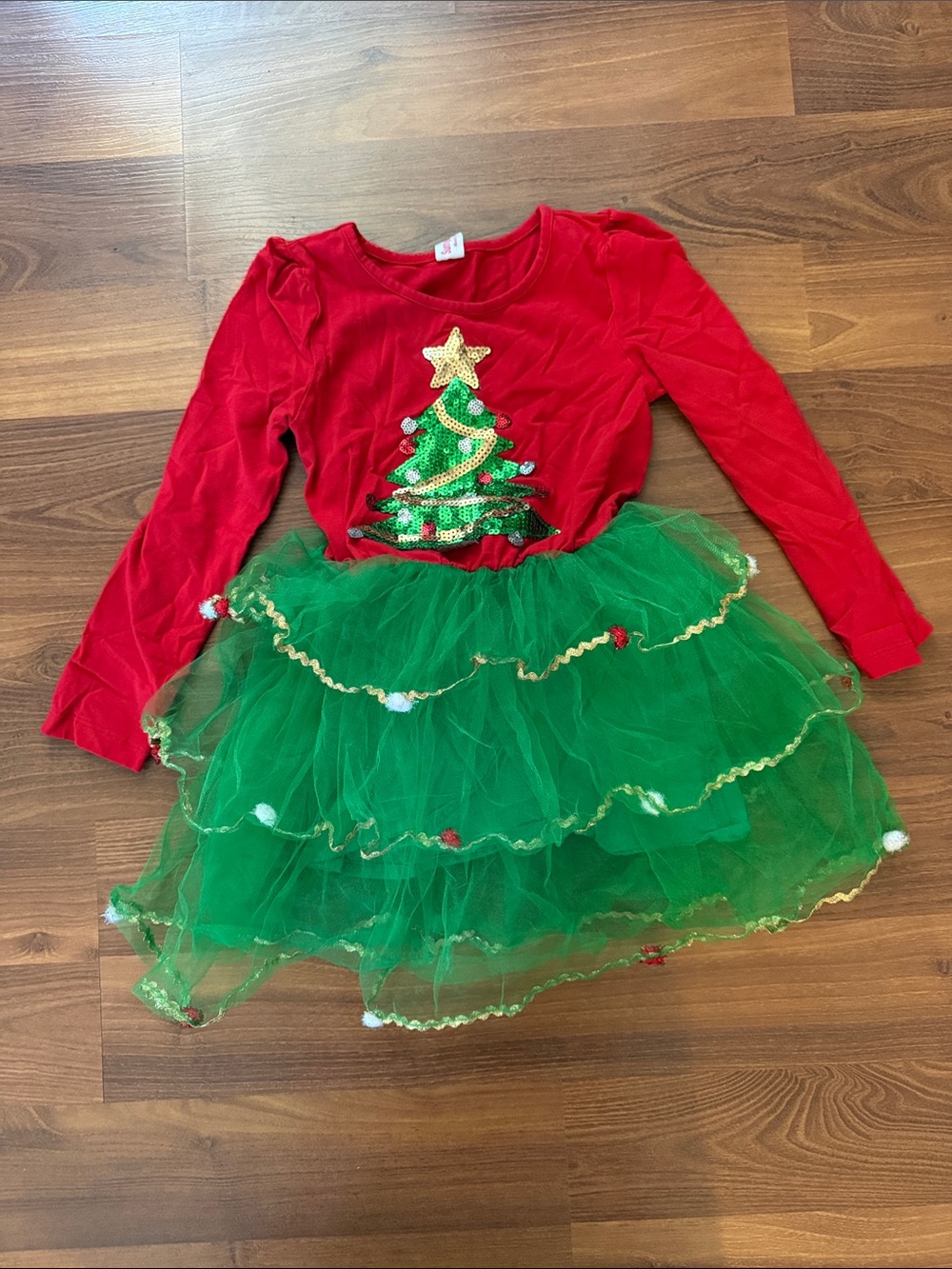 Girls Red and Green Christmas Tree Tulle Costume Dress